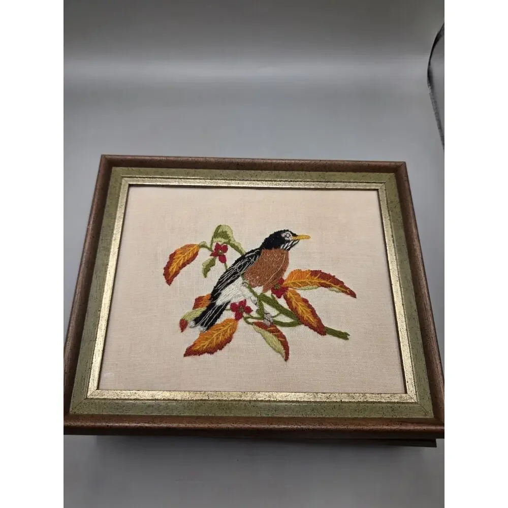 Vintage Framed Crewel Embroidery Bird Pictures Set of 3 Robin Oriole Bluebird...